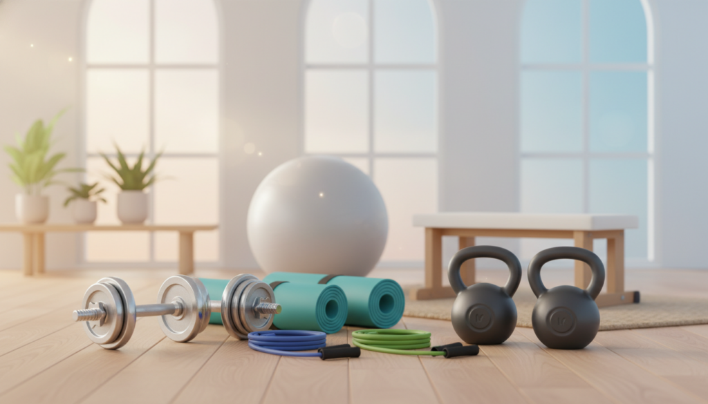 A detailed anatomical cross-section of the human abdomen comparing visceral fat and subcutaneous fat, foreground layers clearly labeled by contrast, darker dense visceral fat around organs and lighter fat beneath the skin. In the softly blurred background, a split scene showing a simple home workout space on one side (mat, resistance bands) and a gym environment on the other (machines, weights), suggesting comparison. Bright clinical lighting, educational medical illustration style, slight angled perspective for depth, clean instructional atmosphere focused on health and fitness awareness.