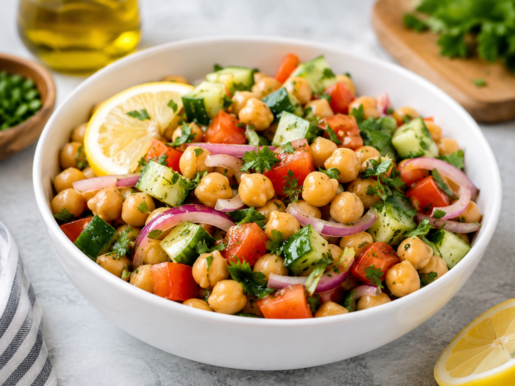 Chickpea salad bowl with fresh vegetables for an easy dinner