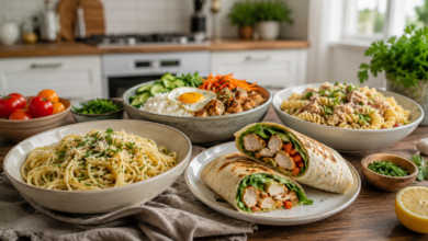 Easy dinner recipes for busy weeknights with pasta, chicken wraps, rice bowl, tuna pasta salad and fresh vegetables