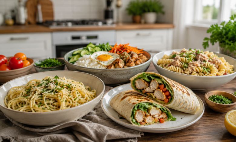 Easy dinner recipes for busy weeknights with pasta, chicken wraps, rice bowl, tuna pasta salad and fresh vegetables
