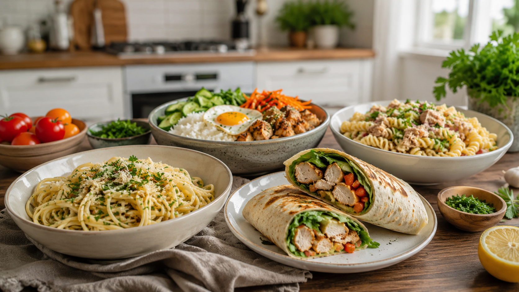 Easy dinner recipes for busy weeknights with pasta, chicken wraps, rice bowl, tuna pasta salad and fresh vegetables