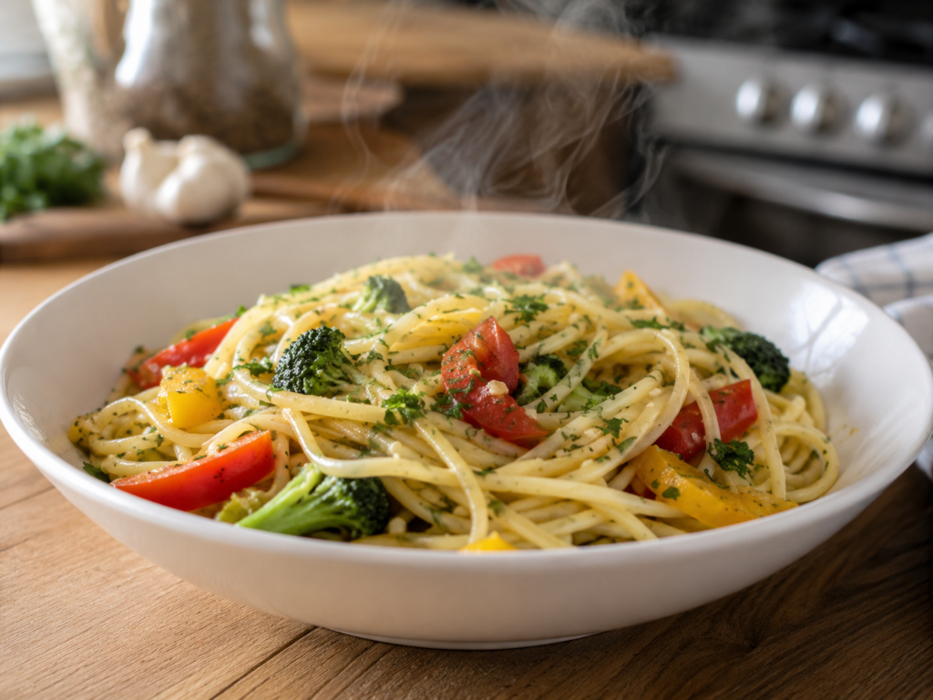 Garlic butter pasta with vegetables for an easy weeknight dinner