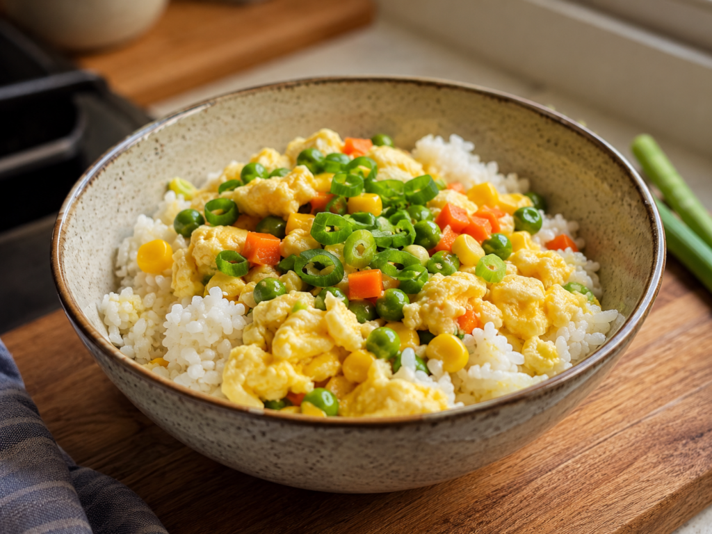 Rice and egg bowl with vegetables for a fast dinner