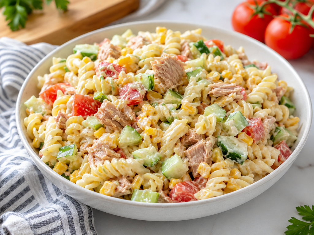 Tuna pasta salad with cucumber tomato and corn for a quick dinner